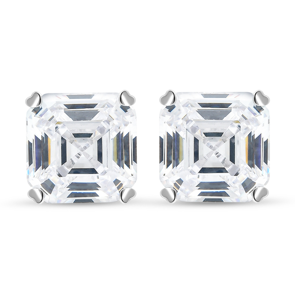 ELANZA Simulated Diamond (Asscher Cut) Stud Earrings (With Push Back) in Rhodium Overlay Sterling Si