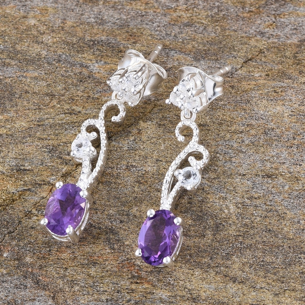 Amethyst (Ovl), White Topaz Earrings (with Push Back) in Sterling Silver 1.750 Ct.