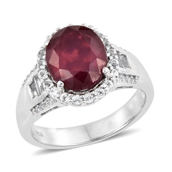 7.50 Ct African Ruby and Topaz Halo Ring in Platinum Plated Silver 5.80 Grams