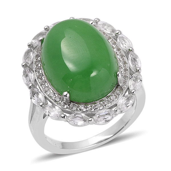 13.05 Ct Green Jade and White Topaz Double Halo Ring in Rhodium Plated Silver