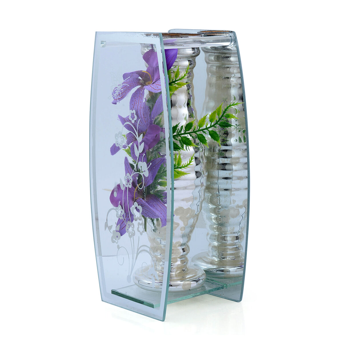Home Decor -  Aluminum Vase with Purple Colour Artificial Flowers in Floral and Butterfly Print Glass (Size 12x25 Cm)