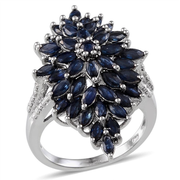 Kanchanaburi Blue Sapphire (Mrq), Diamond Cluster Ring in Platinum Overlay Sterling Silver 4.810 Ct.