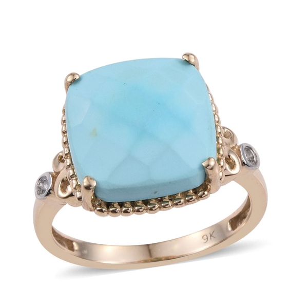 9K Y Gold Arizona Sleeping Beauty Turquoise (Cush 5.75 Ct), Diamond Ring 5.780 Ct. Gold Wt 3.52 Gms.