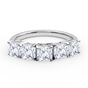 Moissanite (Asscher Cut) 5 Stone Ring in Rhodium Overlay Sterling Silver 2.10 Ct.