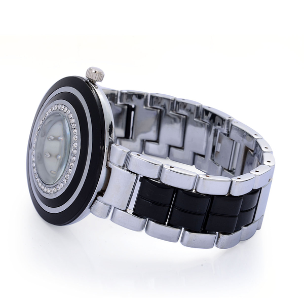 STRADA Japanese Movement White Dial White Austrian Crystal Watch in Silver Tone with Black Resin Strap