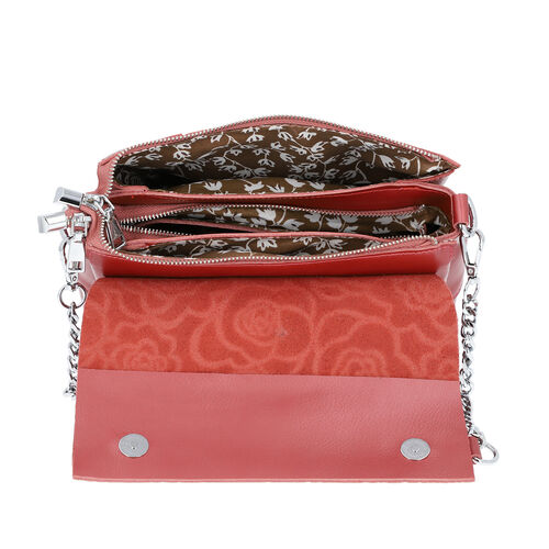 100% Genuine Leather Multiple Pocket Rose Pattern Flap Bag with ...