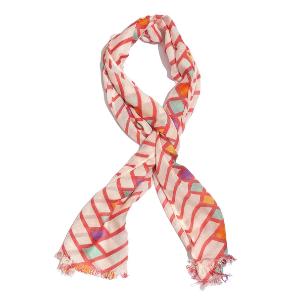 100% Viscose White, Red and Multi Colour Printed Scarf (Size 180x55 Cm)