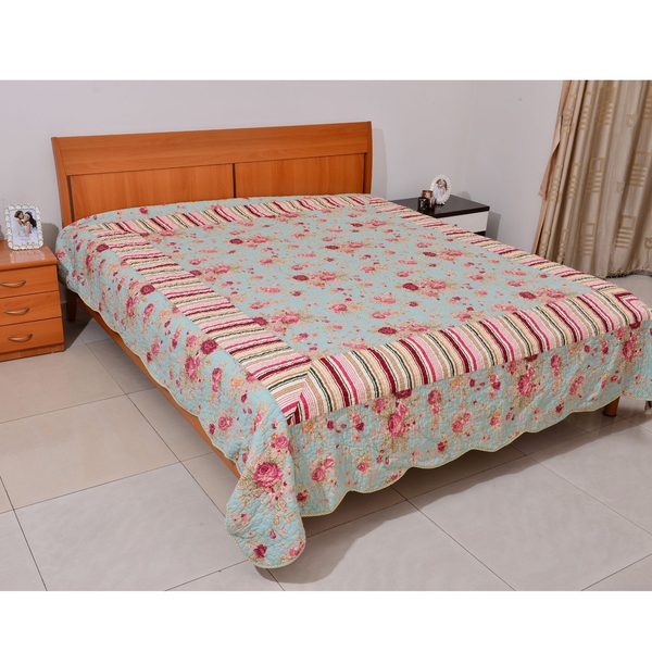100% Cotton Green, Red and Multi Colour Floral and Stripe Pattern 4 Season Quilt (Size 260x240)