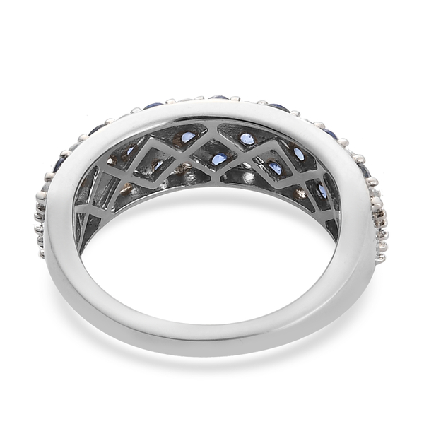 Blue Sapphire and Natural Cambodian Zircon Cluster Ring in Platinum Overlay Sterling Silver 1.77 Ct.