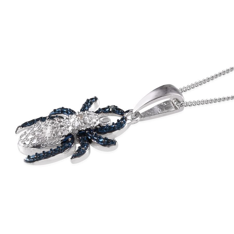 White Diamond (Rnd), Blue Diamond Spider Pendant With Chain in Platinum Overlay Sterling Silver