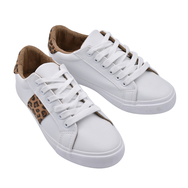 White and Leopard Canvas Trainers