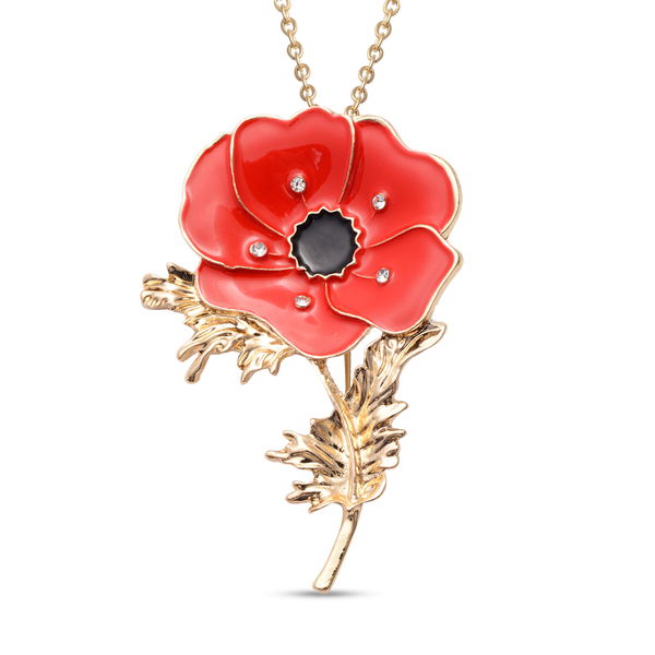 TJC Poppy Design: White Austrian Crystal Enamelled Brooch Cum Pendant with Chain (Size 24) in Yellow