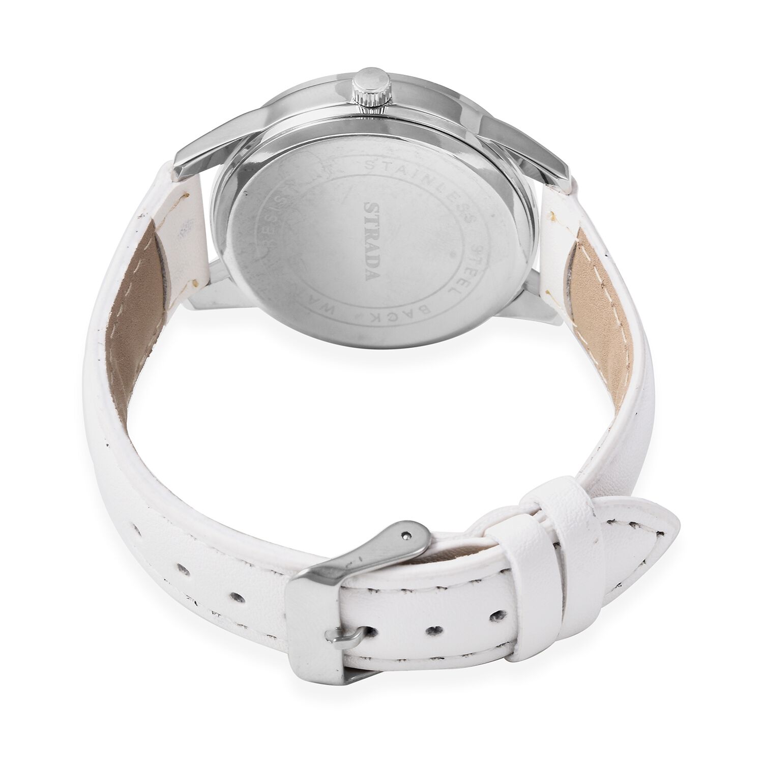 3 Piece Set - Simulated Diamond (Rnd) Pendant with Chain (Size 20), Stud Earrings (with Push Back) and STRADA Japanese Movement Water Resistant Watch with White Strap in Stainless Steel