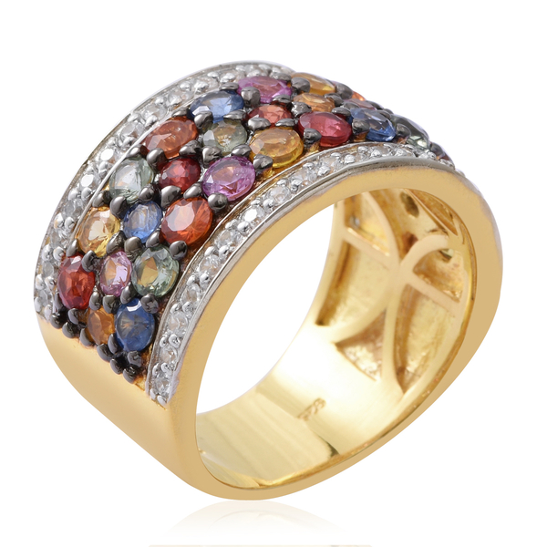 Rainbow Sapphire (Rnd), Natural White Cambodian Zircon Ring in Platinum, Black and Yellow Gold Overlay Sterling Silver 5.040 Ct. Silver wt. 8.8 Gms.