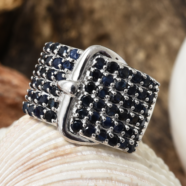 Kanchanaburi Blue Sapphire (Rnd) Buckle Ring in Platinum Overlay Sterling Silver 2.750 Ct, Silver wt 6.58 Gms.