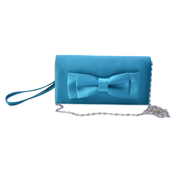 Blue Satin Bow Clutch with Removable Chain Strap (Size 30x10 Cm)
