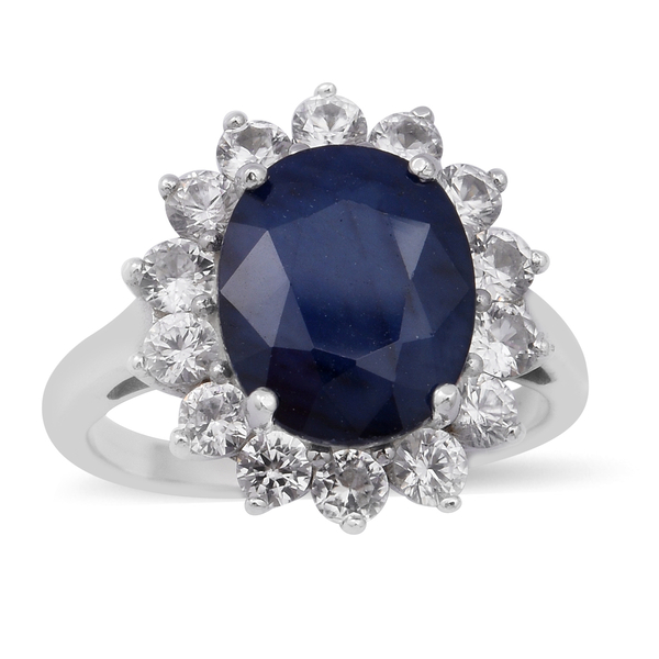Blue Sapphire and Natural Cambodian Zircon Ring in Rhodium Overlay Sterling Silver 7.72 Ct.