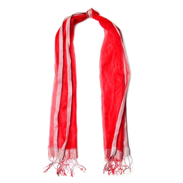 Red Colour Scarf with Golden Thread and Fringes at the Bottom 50 percent SILK 50 percent polyester (Size 175x65 Cm)