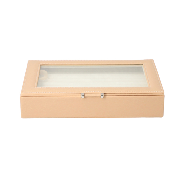 Portable Anti Tarnish Lining Jewellery Box for 100 Rings with Transparent Window (Size 26x17x5Cm) - Beige