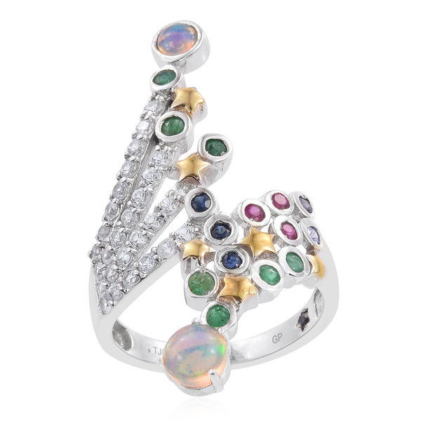 GP Ethiopian Welo Opal (Rnd 0.55 Ct), Ruby, Kagem Zambian Emerald and Multi Gemstone Ring in Platinu