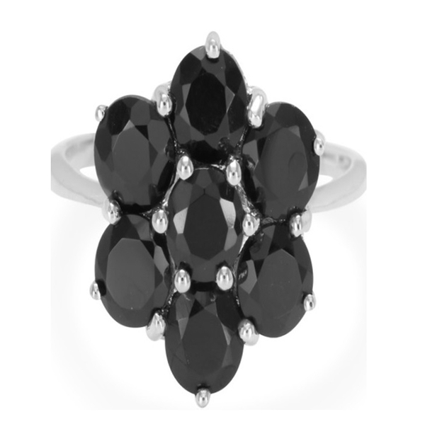Boi Ploi Black Spinel (Rnd) 7 Stone Floral Ring in Rhodium Plated Sterling Silver 10.500 Ct.