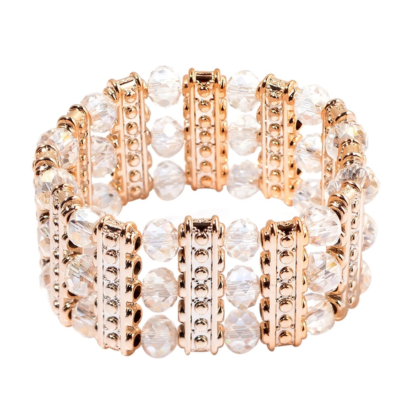 White Glass and Simulated Stones Stretchable Bracelet (Size 7.5) in Gold Tone