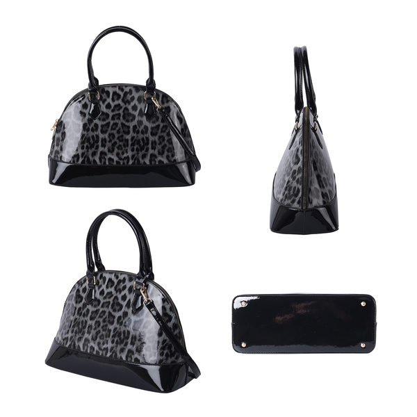 Grey Leopard Pattern Patent Satchel Bag with Adjustable Shoulder Strap (37x26x25cm)
