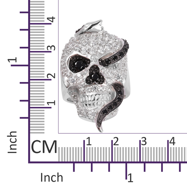 Halloween Collection- Boi Ploi Black Spinel (Rnd), Natural White Cambodian Zircon Skull Ring in Rhodium and Black Plating Sterling Silver 6.050 Ct, Silver wt 17.86 Gms.