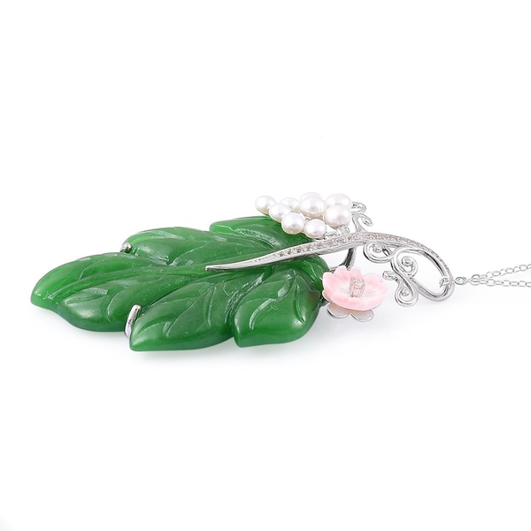 Limited Edition - Rare Hand Carved Green Jade, Pink Mother of Pearl, Fresh Water Pearl and White Zircon Leaf Pendant With Chain in Rhodium Plated Sterling Silver 77.550 Ct.