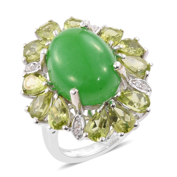 Green Jade (Ovl 11.35 Ct), Hebei Peridot and Natural Cambodian Zircon Ring in Platinum Overlay Sterl