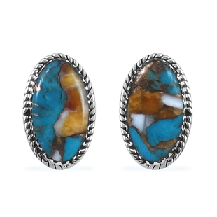 Santa Fe Collection - Spiny Turquoise Stud Earrings (With Push Back) With Oxidised in Sterling Silve