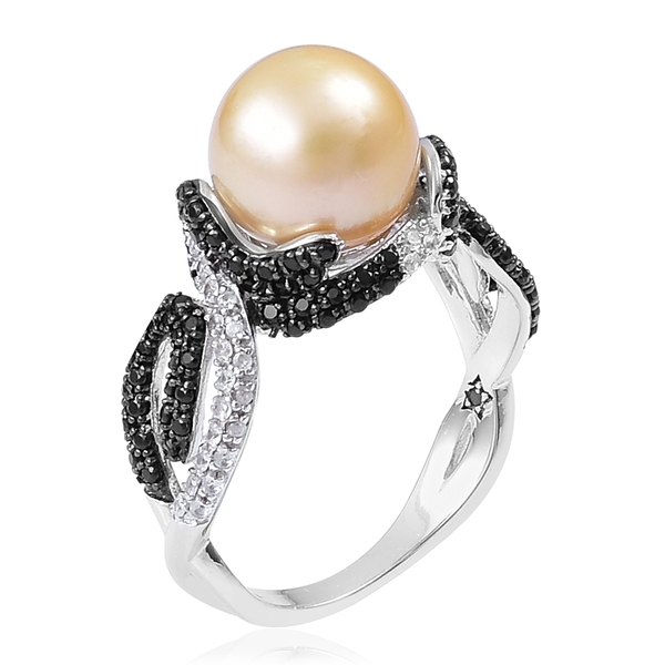GP South Sea Golden Pearl (Rnd 10-11 mm), Madagascar Blue Sapphire, Boi Ploi Black Spinel and Natural White Cambodian Zircon Ring in Black Rhodium Plated Sterling Silver Number of Gemstone 152