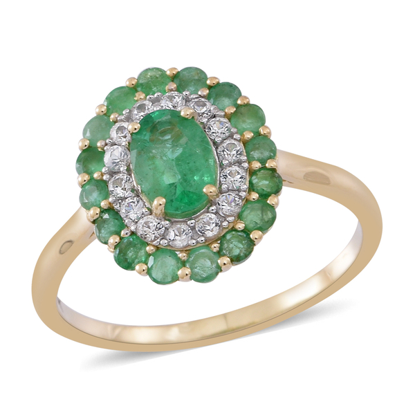 1.75 Ct AAA Zambian Emerald and White Zircon Floral Ring in 9K Gold 2.5 Grams