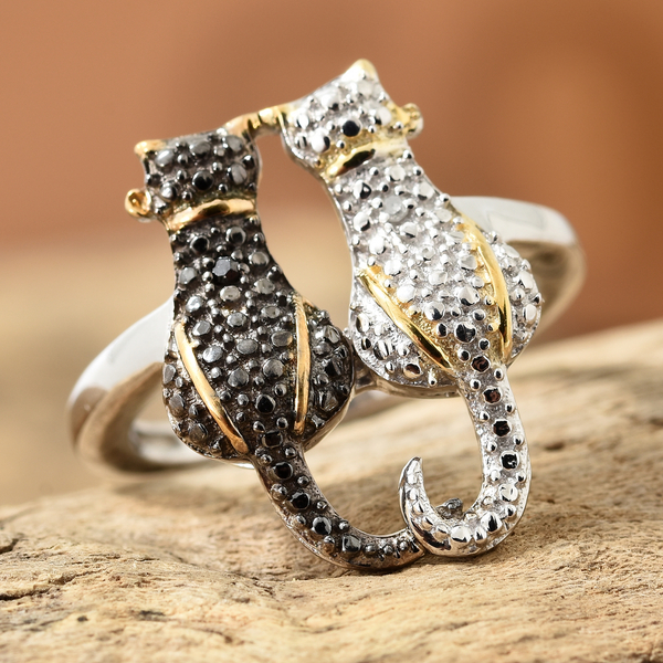 Black and White Diamond Twin Cat Ring in Platinum and Yellow Gold Overlay with Black Plating Sterling Silver 0.010 Ct