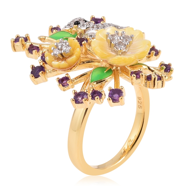 JARDIN COLLECTION - Yellow Mother of Pearl, Amethyst and Natural White Cambodian Zircon Enameled Floral Ring in Rhodium and Gold Overlay Sterling Silver, Silver wt 7.10 Gms