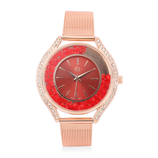 STRADA Japanese Movement Red Dial White & Red Crystal Studded Water Resistant Watch in Rose Gold Colour Mesh Belt