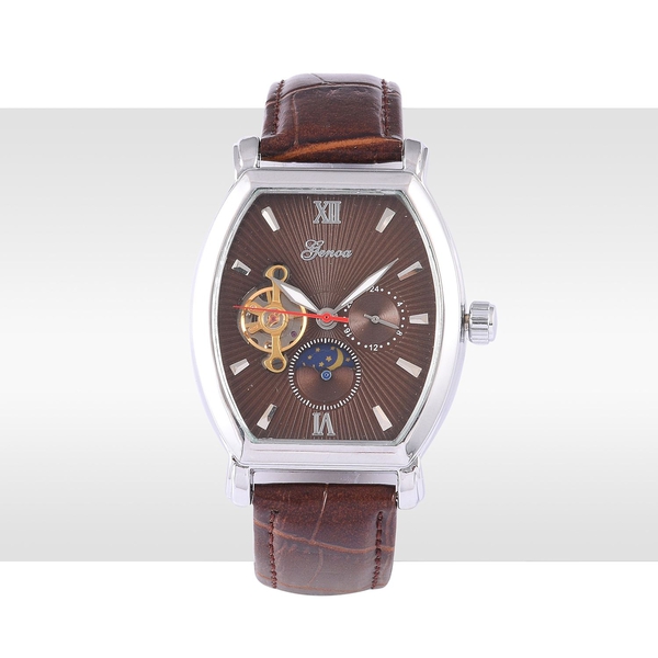 GENOA Automatic Skeleton Chocolate Colour Dial Water Resistant Watch in ION Plated Silver with Stainless Steel Back and Chocolate Strap