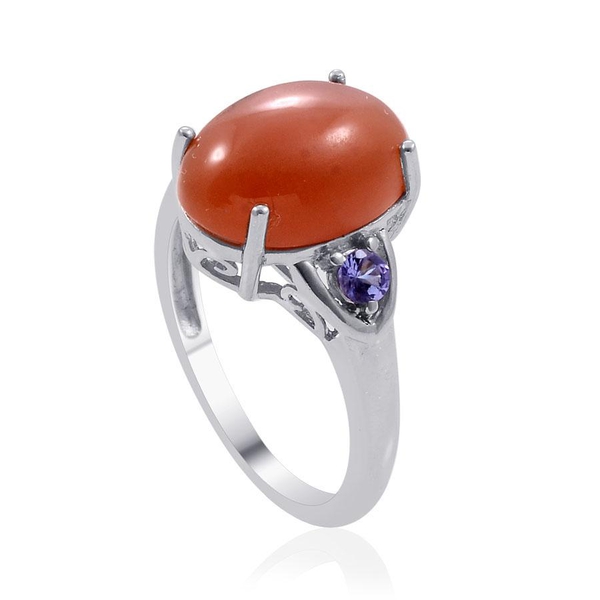 Mitiyagoda Peach Moonstone (Ovl 4.25 Ct), Tanzanite Ring in Platinum Overlay Sterling Silver 4.500 Ct.