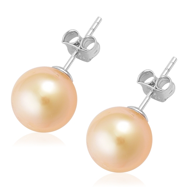 South Sea Golden Pearl (Rnd 9-10 mm) Ball Stud Earrings (with Push Back) in Rhodium Plated Sterling Silver