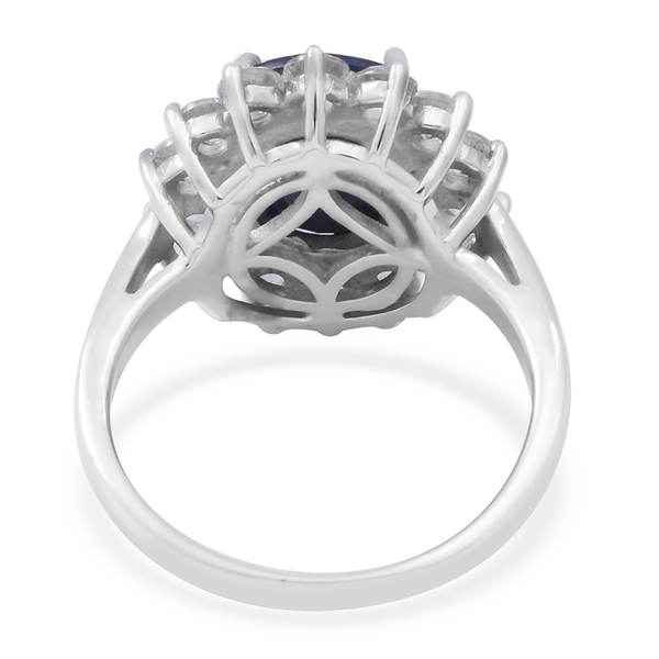 Blue Sapphire and Natural Cambodian Zircon Ring in Rhodium Overlay Sterling Silver 7.72 Ct.