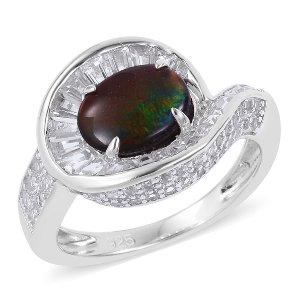 3.19 Ct AA Canadian Ammolite and White Topaz Halo Ring in Platinum Plated Sterling Silver