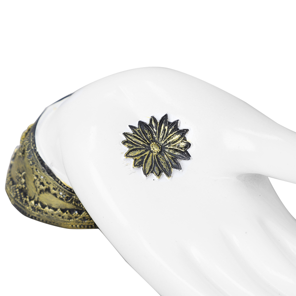 Decorative Flatwise Buddha Lotus Palm with Candelstick Holder (Size 21x10x7 Cm) - White & Gold
