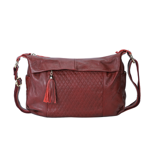 Genuine Leather Diamond Pattern Crossbody Bag with Shoulder Strap - Red