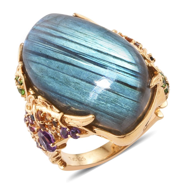 GP 37.21 Ct Labradorite and Multi Gemstone Classic Ring in 14K Gold Plated Silver
