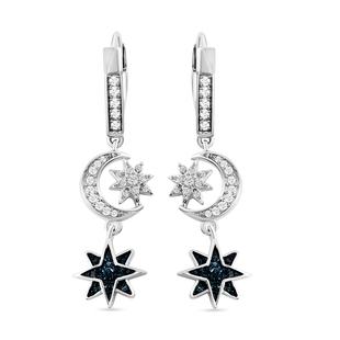 Blue and White Diamond Dangling Earrings with Lever Back in Platinum Overlay Sterling Silver 0.50 Ct