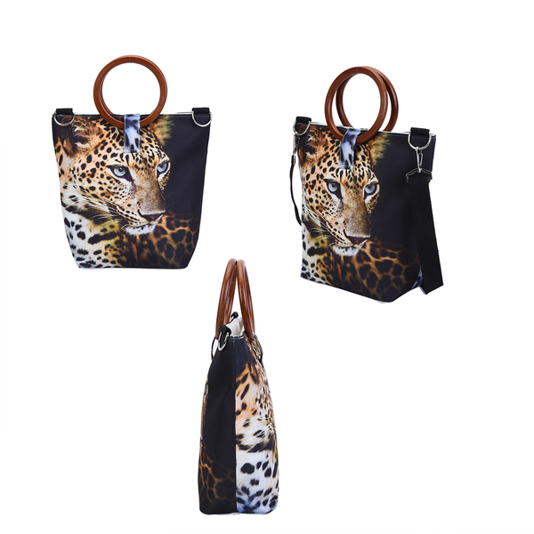 Stylish Leopard Head Pattern Tote Bag in Unique Wooden Handle Drops with Zipper Closure (Size:32x12x29Cm) - Black and Yellow