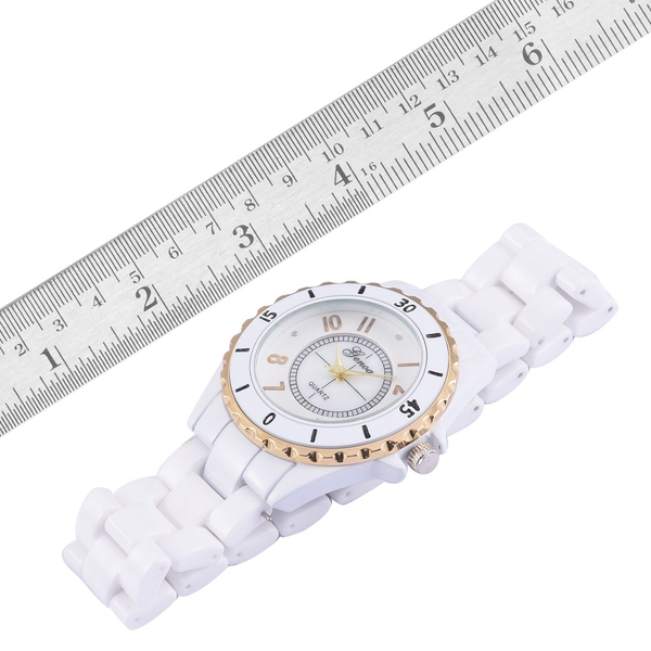 Diamond studded GENOA White Ceramic Japanese Movement Watch with MOP Dial Water Resistant in Gold Tone with Stainless Steel Back