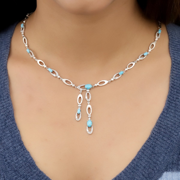 Designer Inspired- Arizona Sleeping Beauty Turquoise and Natural Cambodian Zircon Necklace (Size 18) in Platinum Overlay Sterling Silver 3.98 Ct, Silver Wt. 15.42 Gms