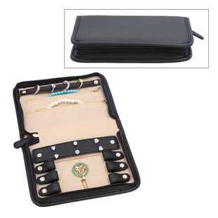 Portable Lichee Pattern Jewellery Organiser (Includes 1 Ring Band, 2 Zip Pockets, 1 Removable Earring Panel & 6 Necklace Clips) (Size 21.5x14.6x4.5cm) - Black