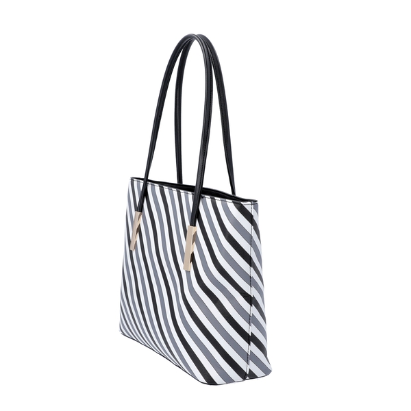 Diagonal Stripe Pattern Tote Bag with Zipper Closure and External Pocket (Size 32x11x26 Cm) - Grey, White and Black